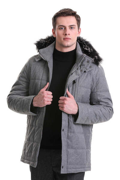 Gri Slim Fit Hakim Yaka Kürklü Kapüşonlu Kaban - 4