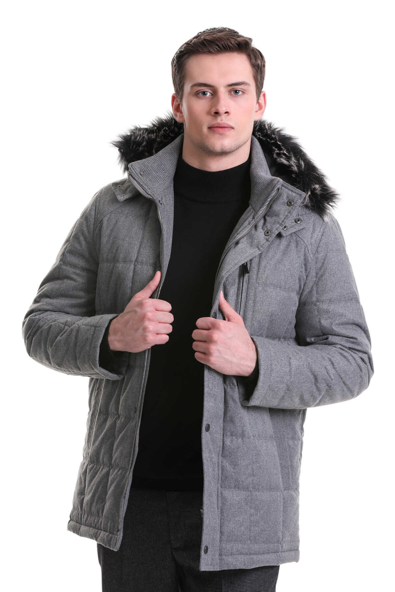 Gri Slim Fit Hakim Yaka Kürklü Kapüşonlu Kaban - Hatem Saykı (1)
