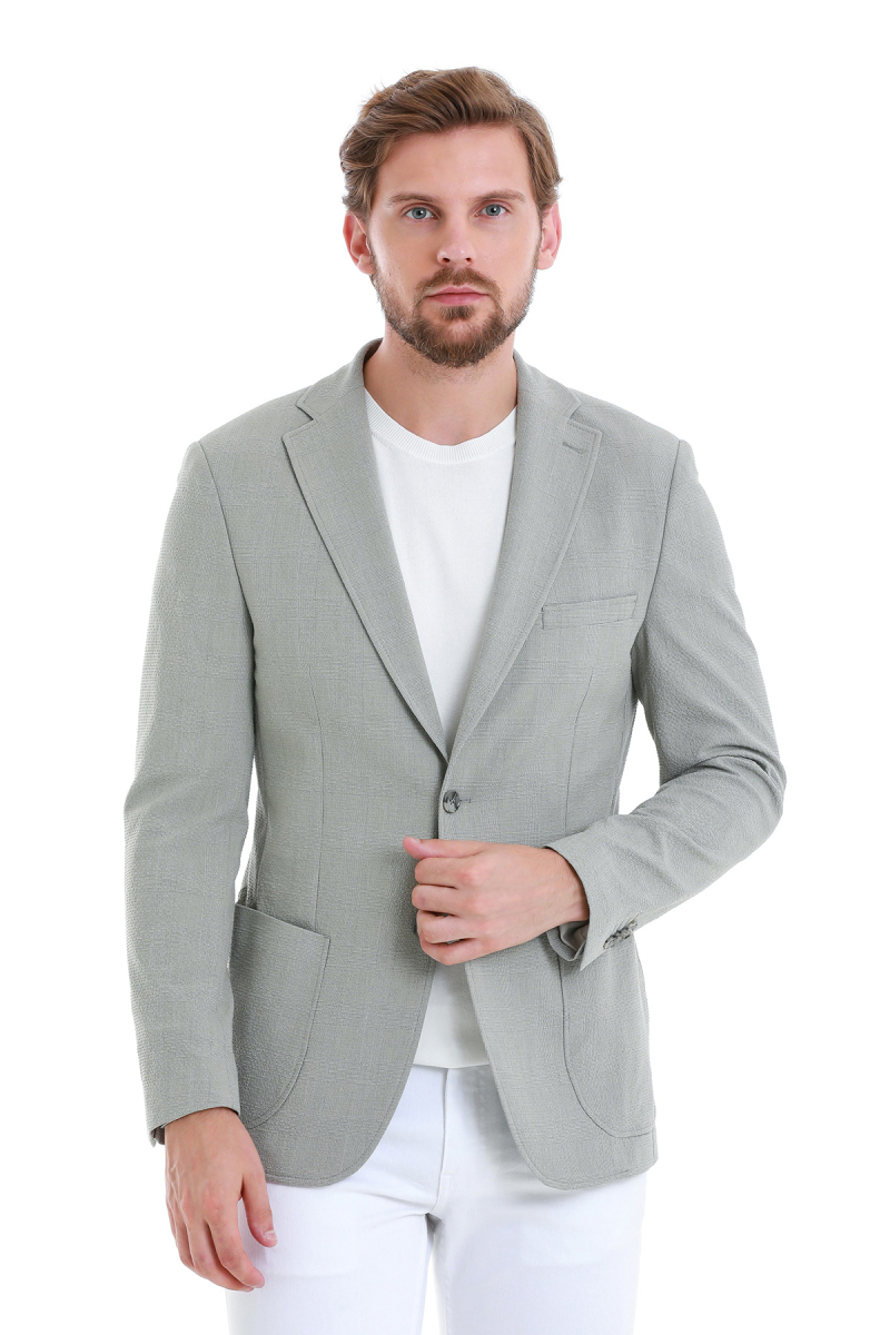Gri Slim Fit Kareli Mono Yaka Klasik Ceket - HTML