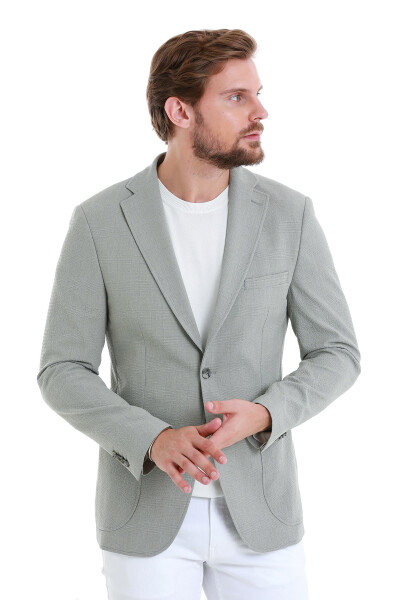 Gri Slim Fit Kareli Mono Yaka Klasik Ceket - 4