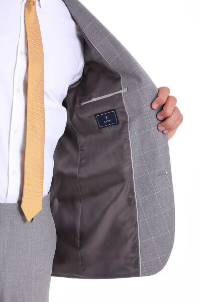 Gri Slim Fit Kareli Mono Yaka Casual Takım Elbise - 7