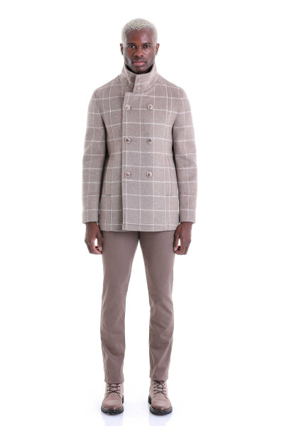 Vizon Slim Fit Mono Yaka Yünlü Kruvaze Kaşe Kaban - 3