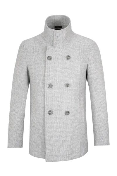 Gri Slim Fit Kruvaze Yünlü Kaban - 1