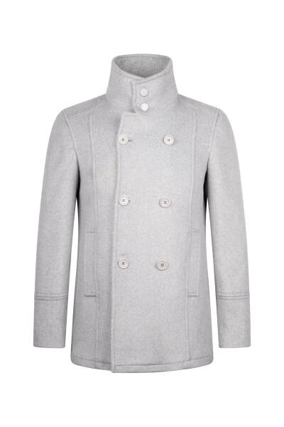 Gri Slim Fit Kruvaze Yünlü Kaşe Kaban - 1