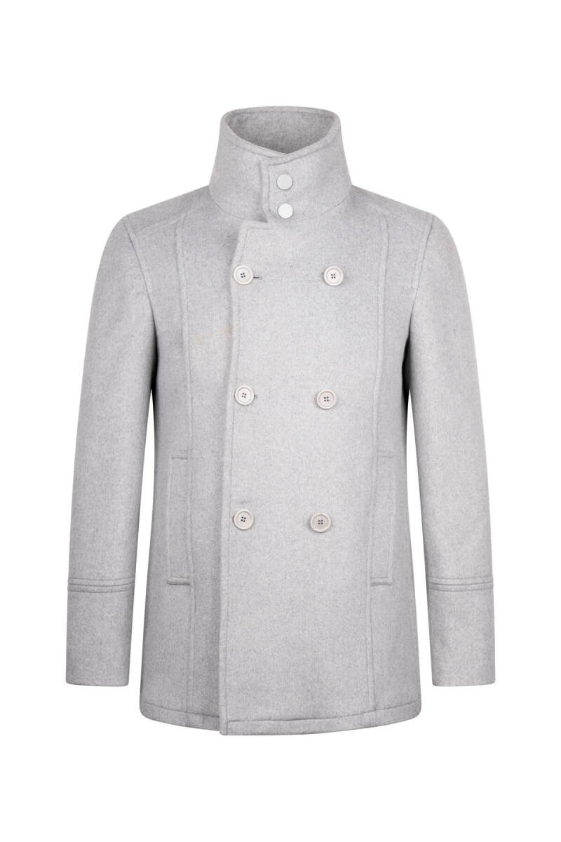 Gri Slim Fit Kruvaze Yünlü Kaşe Kaban - Hatem Saykı