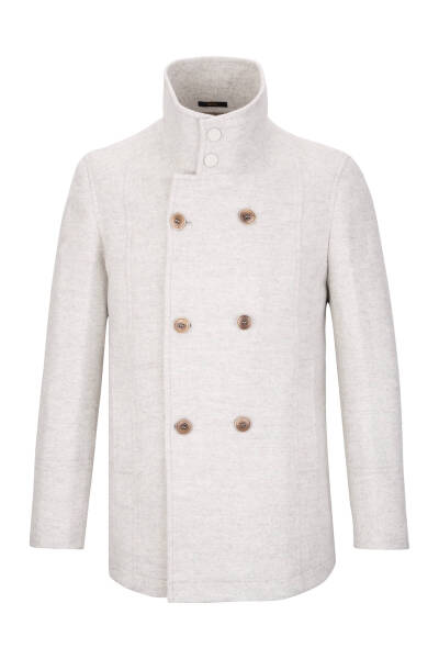 Gri Slim Fit Kruvaze Yünlü Kaşe Kaban - 1