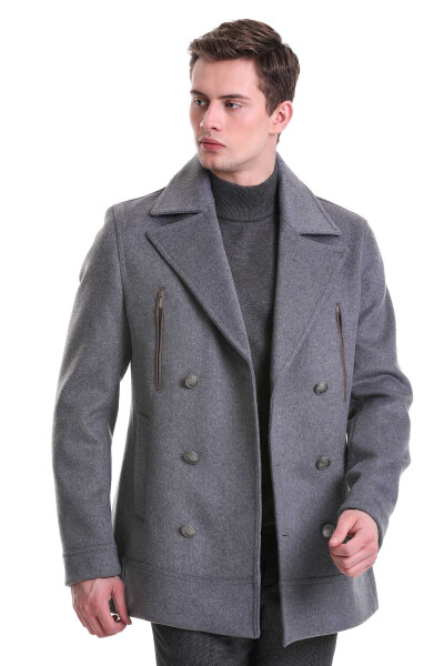 Gri Slim Fit Kruvaze Yünlü Kaşe Kaban - 2