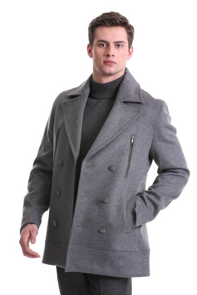 Gri Slim Fit Kruvaze Yünlü Kaşe Kaban - 3