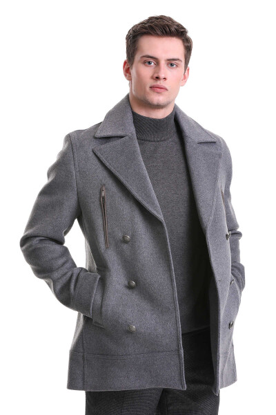 Gri Slim Fit Kruvaze Yünlü Kaşe Kaban - 4