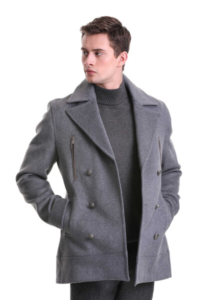 Gri Slim Fit Kruvaze Yünlü Kaşe Kaban - 5