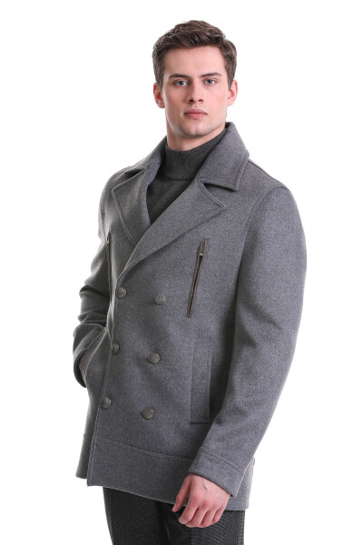 Gri Slim Fit Kruvaze Yünlü Kaşe Kaban - 6