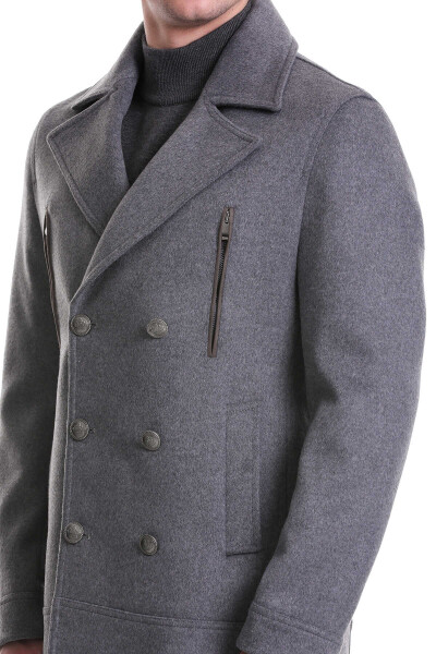 Gri Slim Fit Kruvaze Yünlü Kaşe Kaban - 7