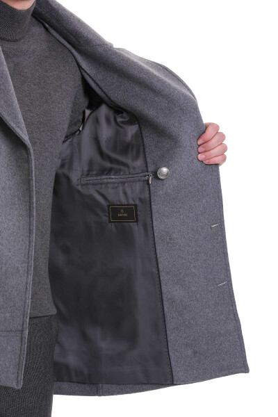 Gri Slim Fit Kruvaze Yünlü Kaşe Kaban - 8
