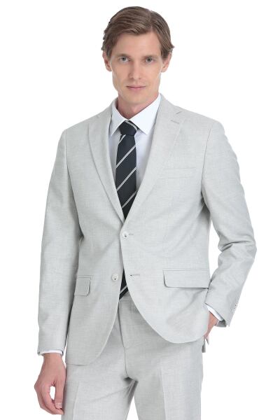 Gri Slim Fit Mono Yaka Keten Takım Elbise - 2