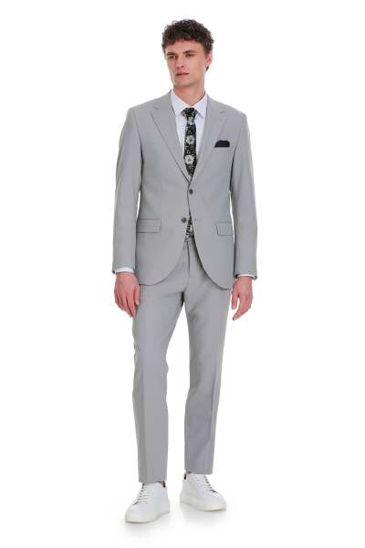 Gri Slim Fit Mono Yaka Klasik Takım Elbise - 1