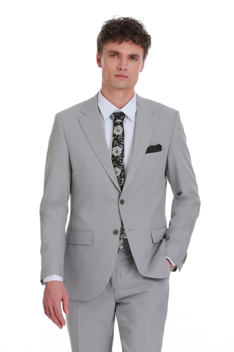 Gri Slim Fit Mono Yaka Klasik Takım Elbise - Hatemoğlu (1)