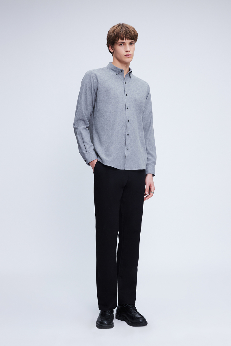 Gri Slim Fit Uzun Kol Düğmeli Yaka Flanel Gömlek - Hatem Saykı (1)