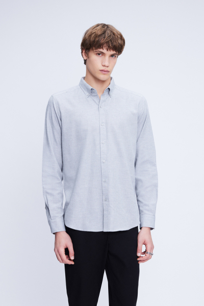 Gri Slim Fit Uzun Kol Düğmeli Yaka Flanel Gömlek - 1