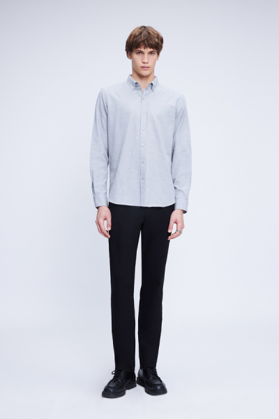 Gri Slim Fit Uzun Kol Düğmeli Yaka Flanel Gömlek - 2