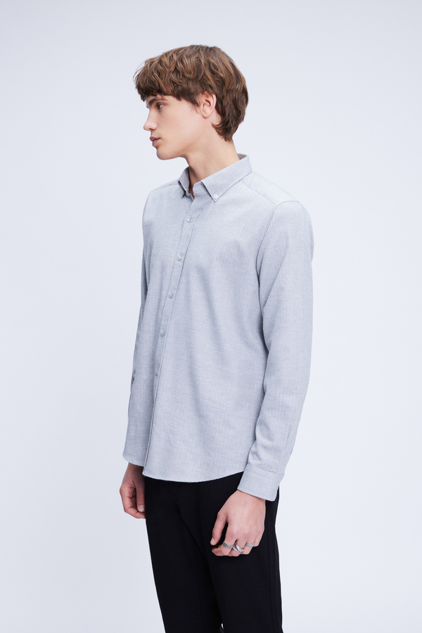 Gri Slim Fit Uzun Kol Düğmeli Yaka Flanel Gömlek - Hatem Saykı (1)