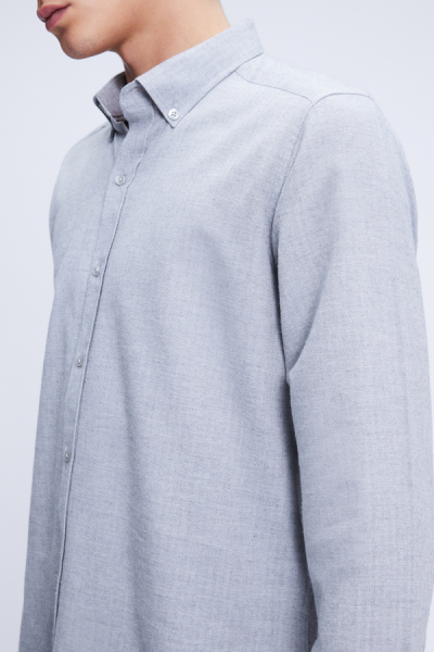 Gri Slim Fit Uzun Kol Düğmeli Yaka Flanel Gömlek - 4