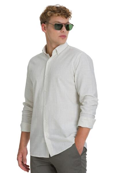 Haki Comfort Fit Çizgili Düğmeli Yaka Pamuk-Keten Uzun Kollu Gömlek 