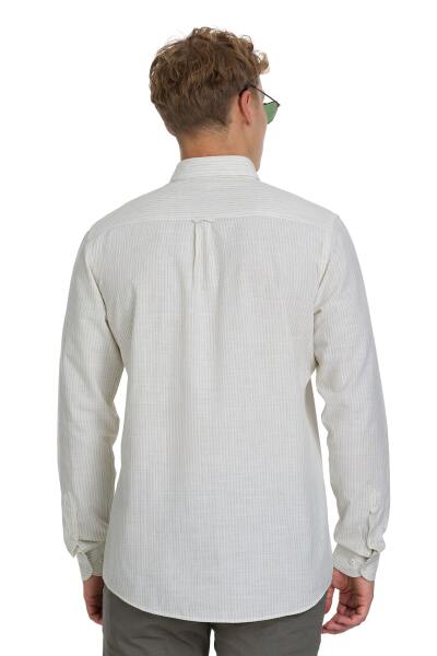Haki Comfort Fit Çizgili Düğmeli Yaka Pamuk-Keten Uzun Kollu Gömlek - 5