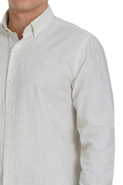 Haki Comfort Fit Çizgili Düğmeli Yaka Pamuk-Keten Uzun Kollu Gömlek - 4