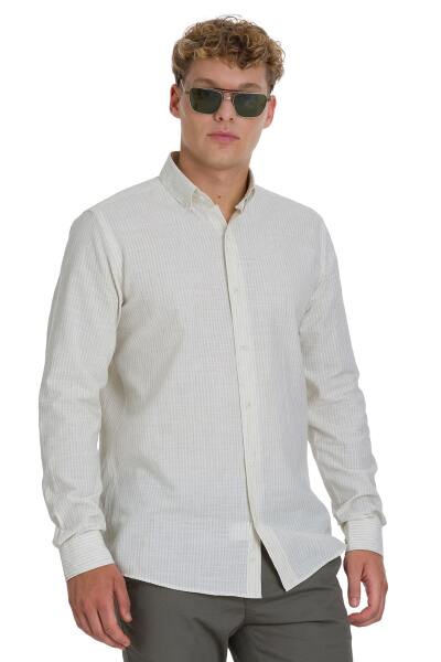 Haki Comfort Fit Çizgili Düğmeli Yaka Pamuk-Keten Uzun Kollu Gömlek - 3