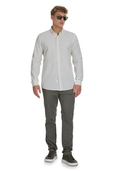 Haki Comfort Fit Çizgili Düğmeli Yaka Pamuk-Keten Uzun Kollu Gömlek - 2
