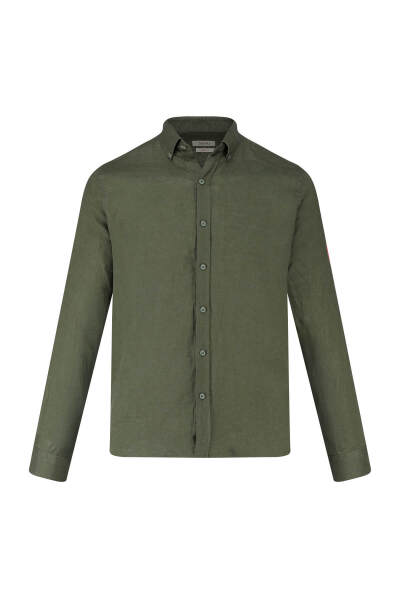 Haki Comfort Fit 100% Keten Düğmeli Yaka Uzun Kollu Keten Gömlek 