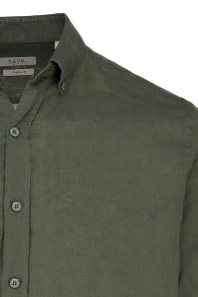 Haki Comfort Fit 100% Keten Düğmeli Yaka Uzun Kollu Keten Gömlek - 2