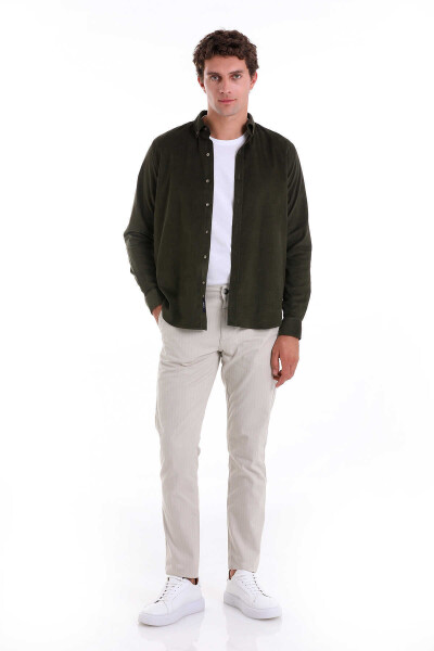 Haki Comfort Fit 100% Pamuk Düğmeli Yaka Uzun Kollu Casual Kadife Gömlek - 2