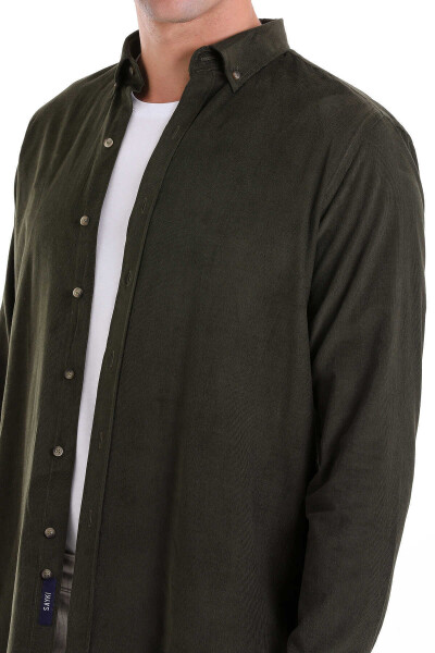 Haki Comfort Fit 100% Pamuk Düğmeli Yaka Uzun Kollu Casual Kadife Gömlek - 5