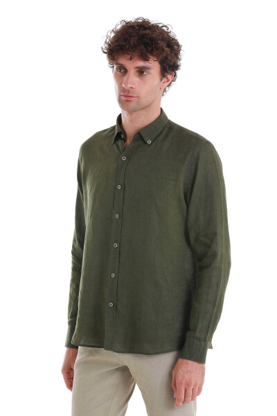 Haki Comfort Fit Düğmeli Yaka Uzun Kollu Keten Gömlek - 4