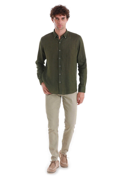 Haki Comfort Fit Düğmeli Yaka Uzun Kollu Keten Gömlek - 5