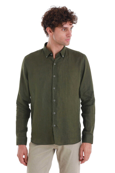 Haki Comfort Fit Düğmeli Yaka Uzun Kollu Keten Gömlek - 6