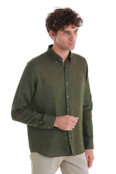 Haki Comfort Fit Düğmeli Yaka Uzun Kollu Keten Gömlek - 7