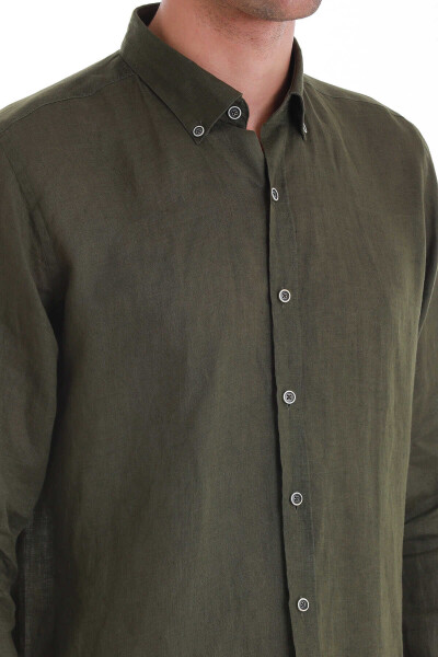 Haki Comfort Fit Düğmeli Yaka Uzun Kollu Keten Gömlek - 8