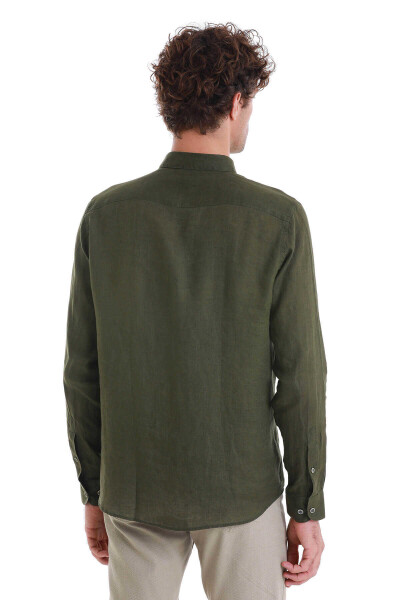 Haki Comfort Fit Düğmeli Yaka Uzun Kollu Keten Gömlek - 9