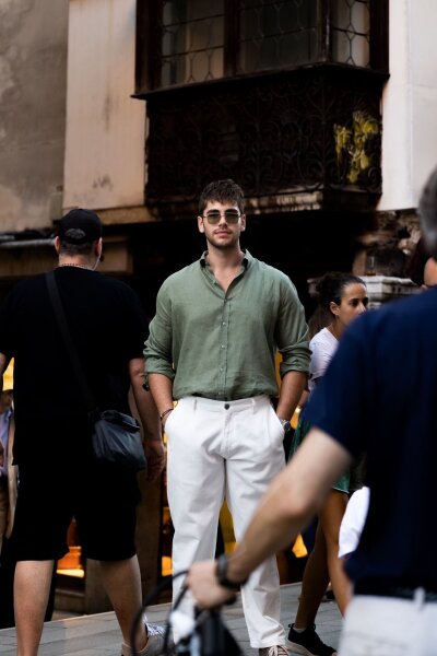 Haki Comfort Fit Düğmeli Yaka Uzun Kollu Keten Gömlek - 3