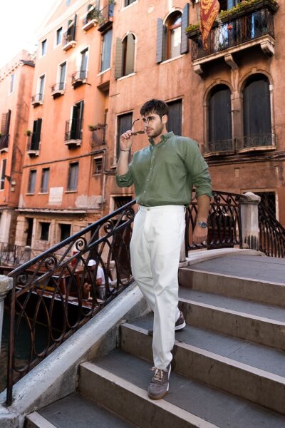 Haki Comfort Fit Düğmeli Yaka Uzun Kollu Keten Gömlek - 2