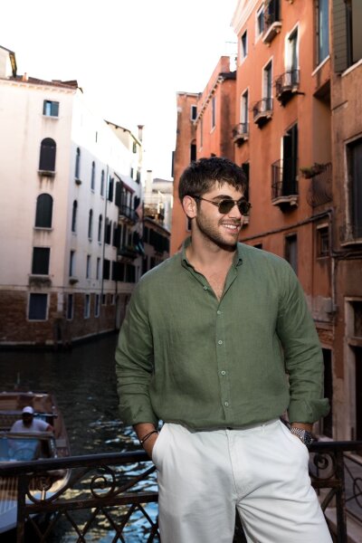 Haki Comfort Fit Düğmeli Yaka Uzun Kollu Keten Gömlek - 1