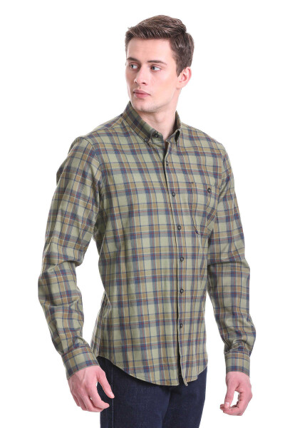 Haki Comfort Fit Kareli 100% Pamuklu Düğmeli Yaka Uzun Kollu Klasik Gömlek - 2