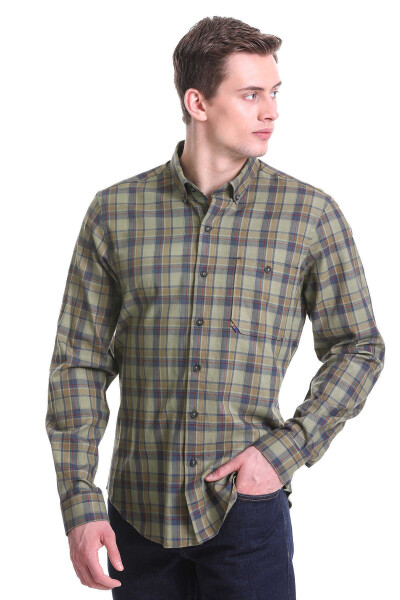 Haki Comfort Fit Kareli 100% Pamuklu Düğmeli Yaka Uzun Kollu Klasik Gömlek - 3