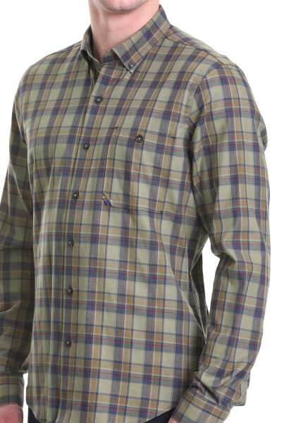 Haki Comfort Fit Kareli 100% Pamuklu Düğmeli Yaka Uzun Kollu Klasik Gömlek - 4