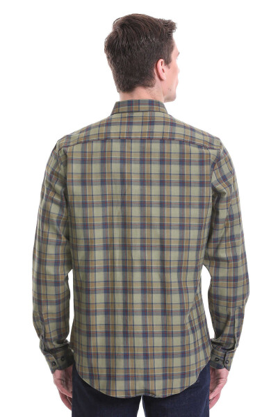 Haki Comfort Fit Kareli 100% Pamuklu Düğmeli Yaka Uzun Kollu Klasik Gömlek - 5