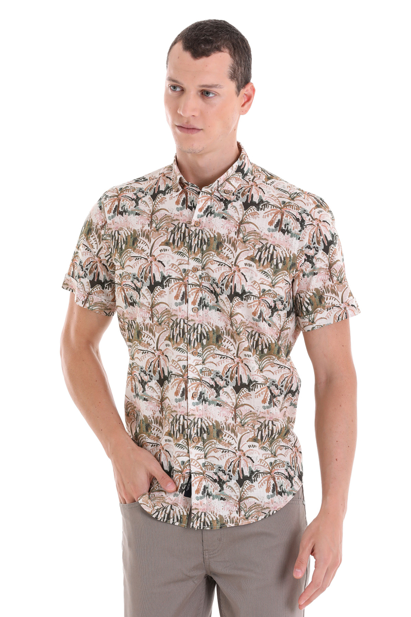 Haki Comfort Fit Baskılı Düğmeli Yaka 100% Pamuklu Kısa Kollu Casual Gömlek - HTML