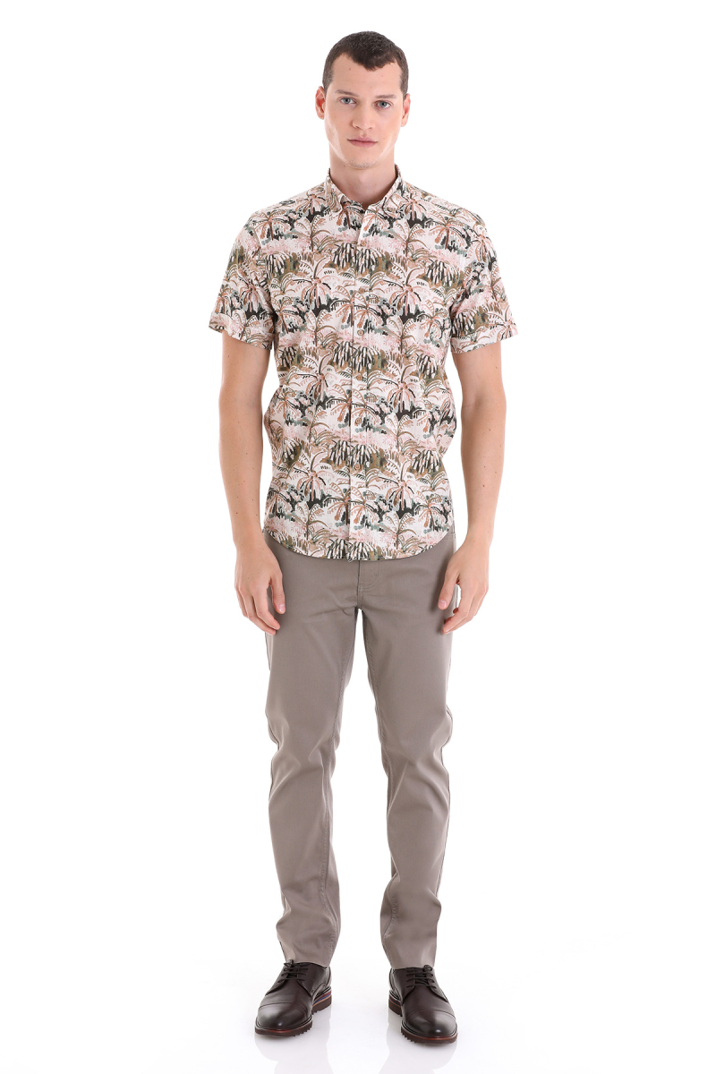Haki Comfort Fit Baskılı Düğmeli Yaka 100% Pamuklu Kısa Kollu Casual Gömlek - HTML (1)