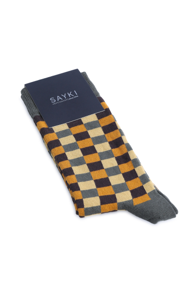 Haki Kareli Pamuklu Soket Çorap 